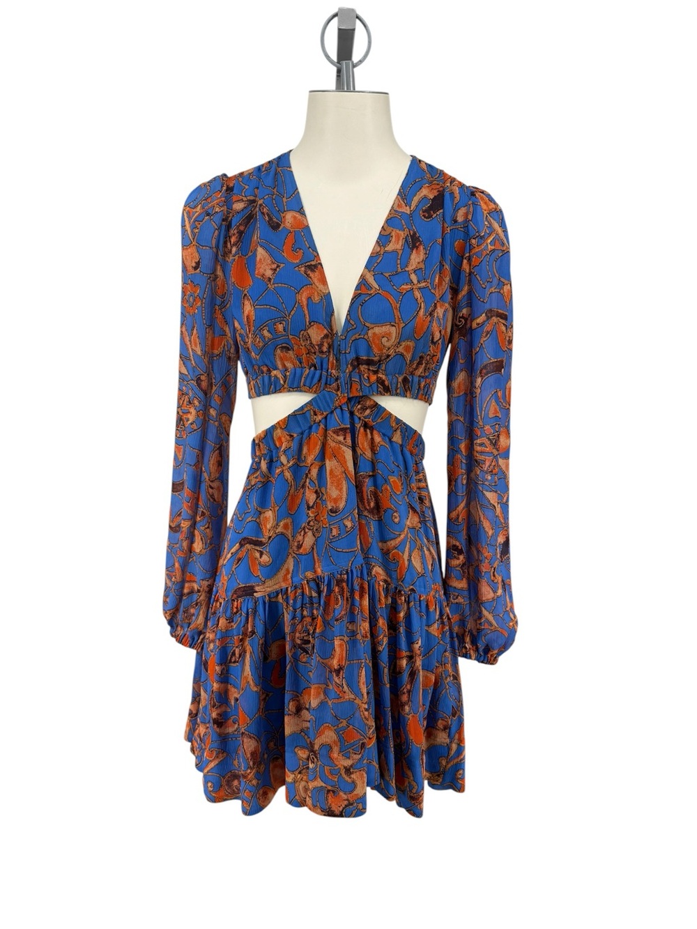 A.L.C. Silk Floral Blue & Orange Cutout V-Neck Long Sleeve Mini Dress